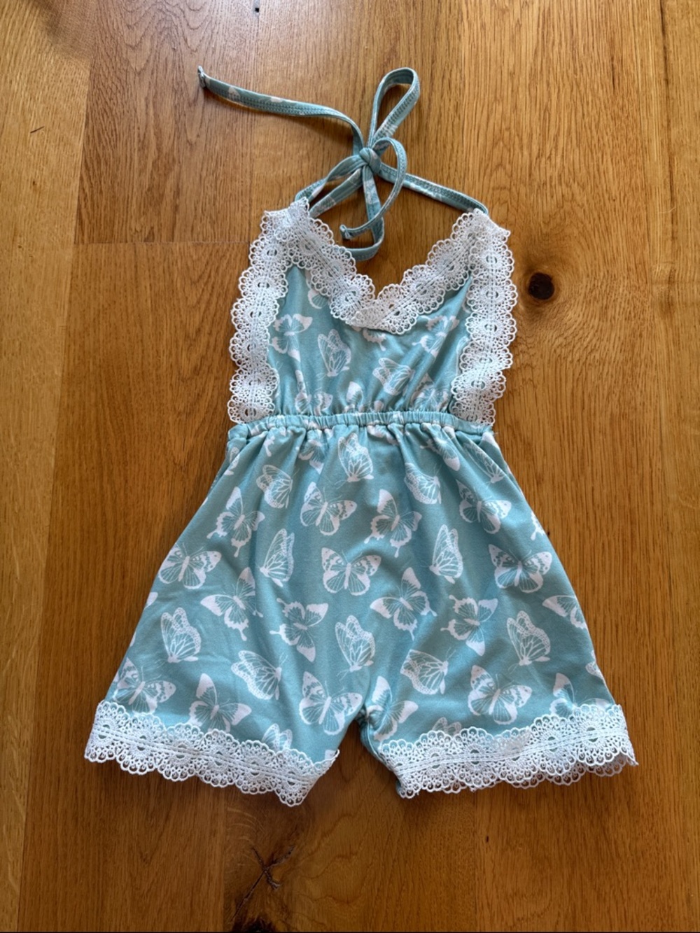Bailey’s Blossoms Butterfly Lace-Trim Halter Romper